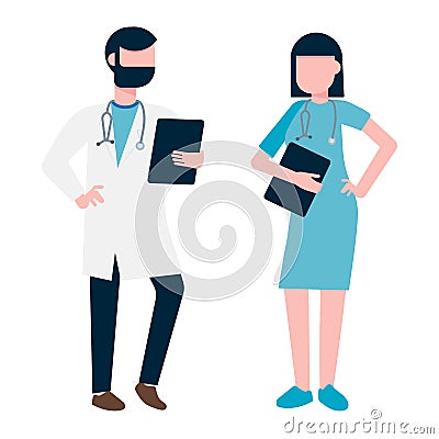 Doctor and nurse medical hospital center employee flat style design vector illustration isolated on white background. Vector Illustration